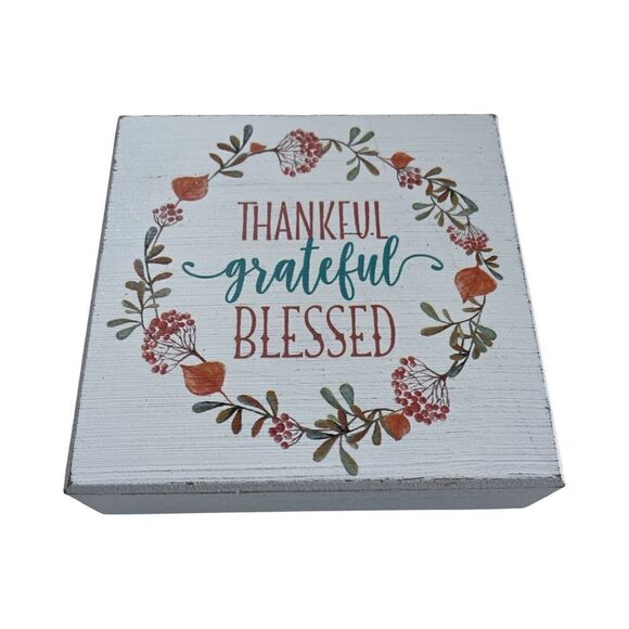 Thankful Grateful Blessed Whitewashed Distressed Wood Sign Quill to Paper NWT - Picture 2 of 7